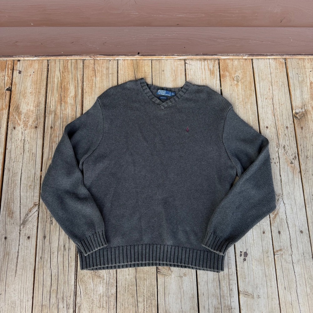 Vintage 90s Polo Ralph Lauren V-Neck Sweater Men's XXL Charcoal Grey Cotton HK